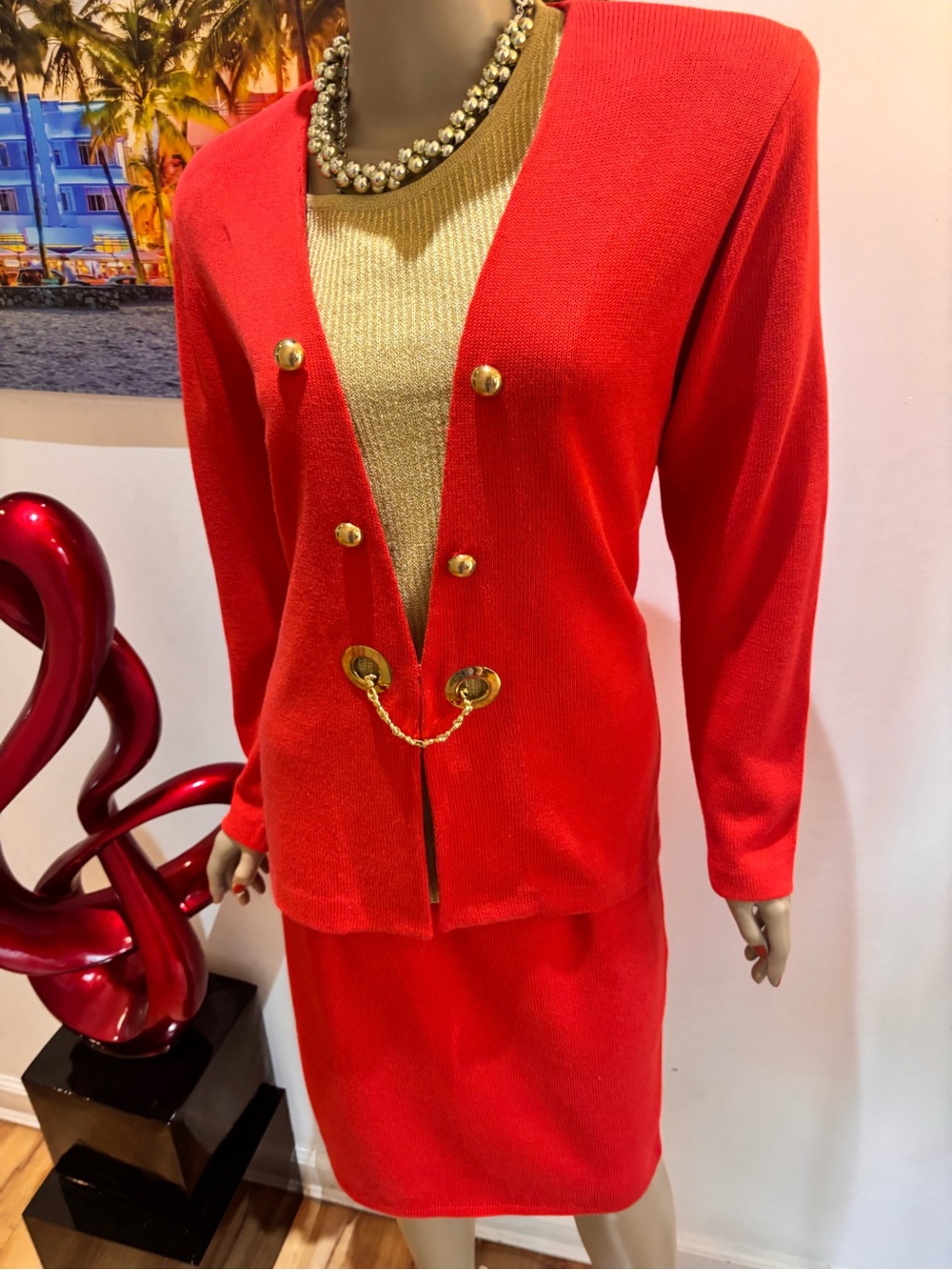 St. John Red Skirt Suit  Gold Chain tank top 3 piece 8 M embellished jacket